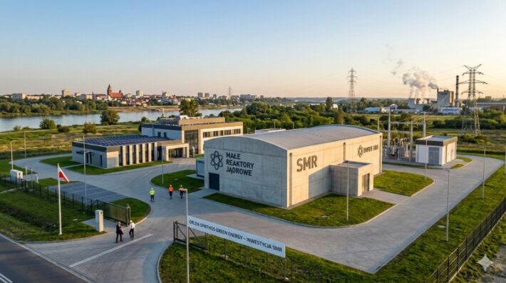 Wizualizacja nowoczesnego kompleksu małych reaktorów jądrowych (SMR) w Polsce, z widocznym budynkiem reaktora BWRX-300 i infrastrukturą przesyłową na tle rzeki i miasta.
