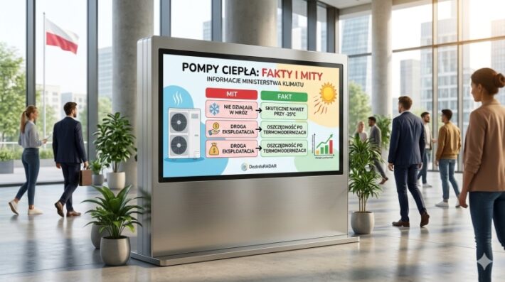 Profesjonalna grafika przedstawiająca publiczny kiosk informacyjny w Warszawie, z ekranem porównującym fakty i mity o pompach ciepła, promujący inicjatywę Ministerstwa Klimatu.